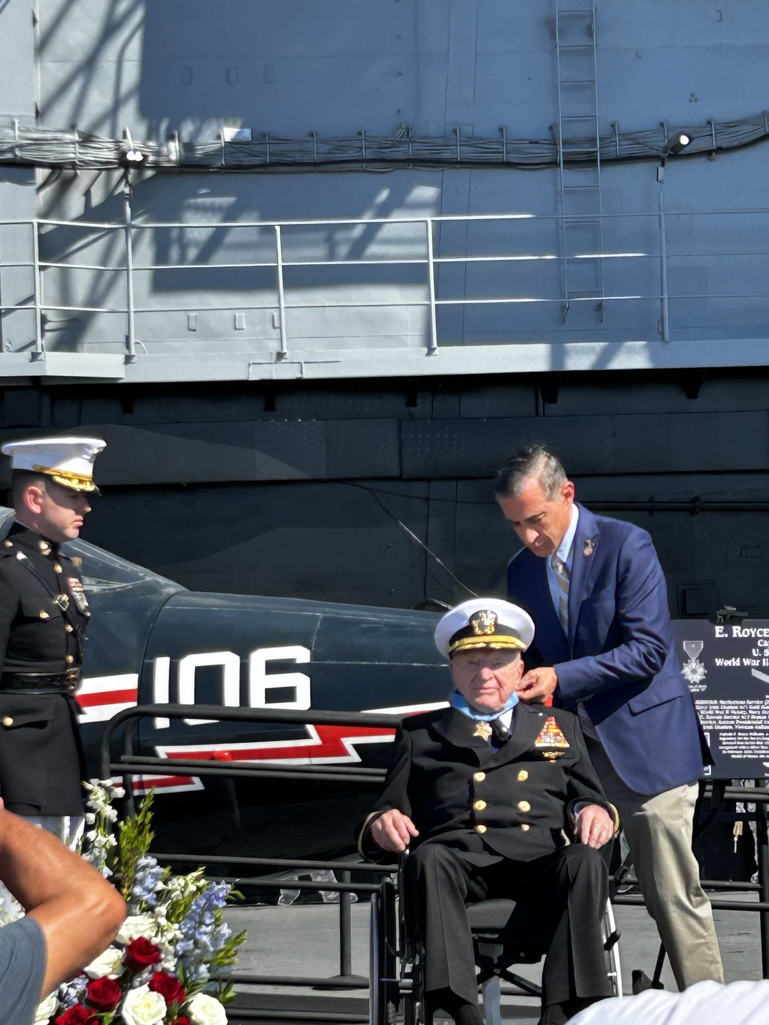 Captain Williams aboard USS Midway with Congressman Issa and the F9F Panther