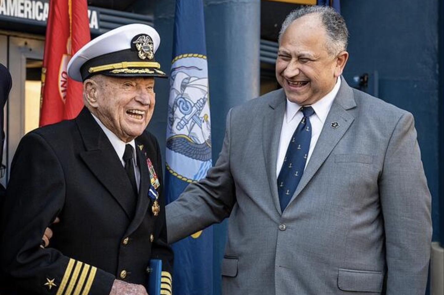 Captain Williams with Secretary of the Navy Carlos Del Toro at the Navy Cross ceremony
