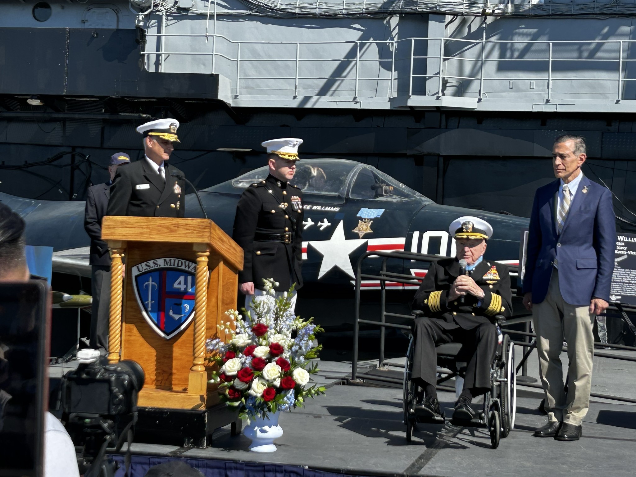 Ceremony aboard USS Midway with the F9F Panther